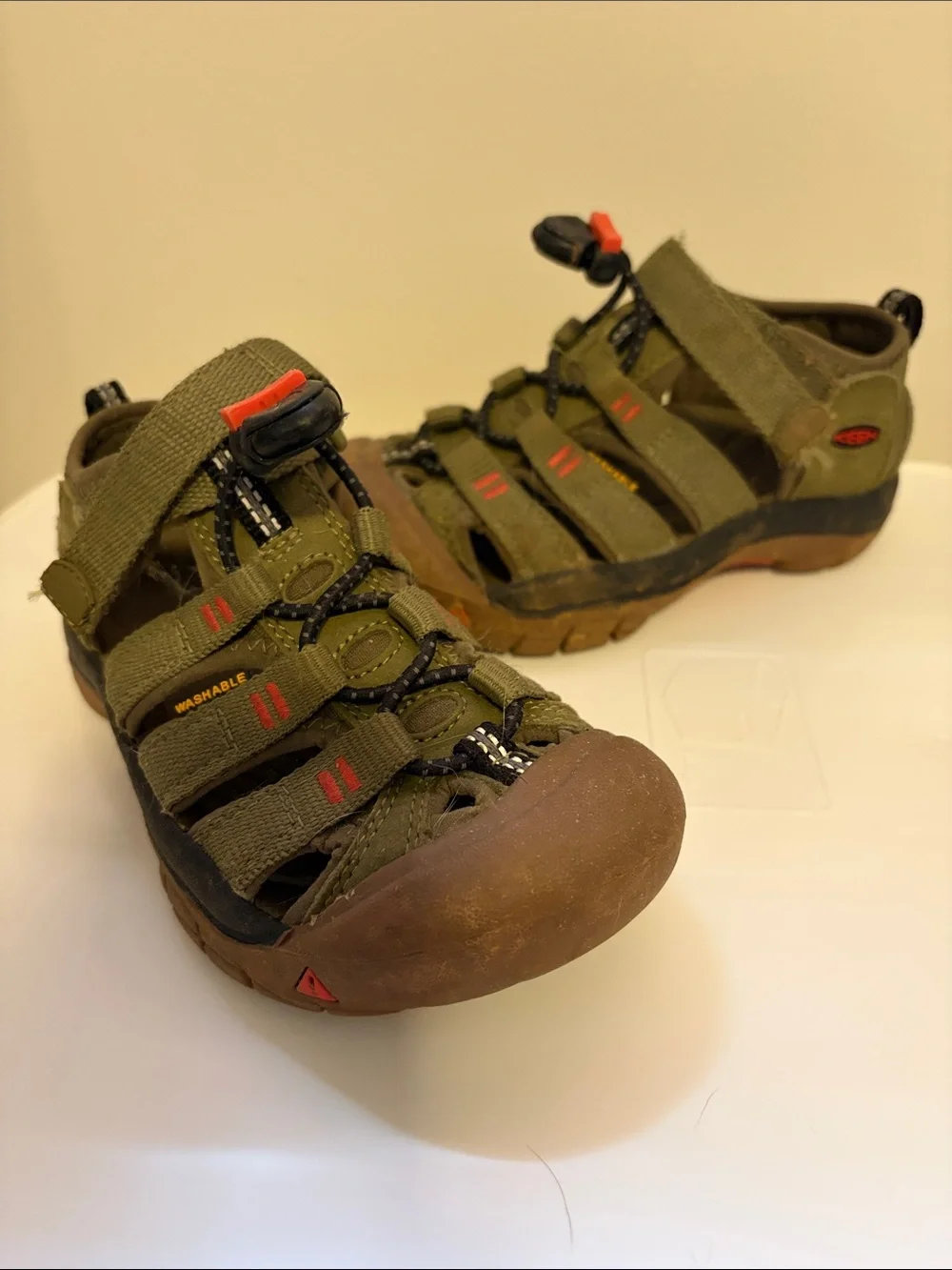 Keen Olive Green and Brown Kids Outdoor Sandals with Red Accents
